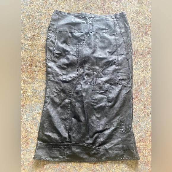 Vtg 90s Black Leather Patchwork Maxi Skirt Sz 3X Goth Biker Boho 46”w Handmade - Picture 3 of 5